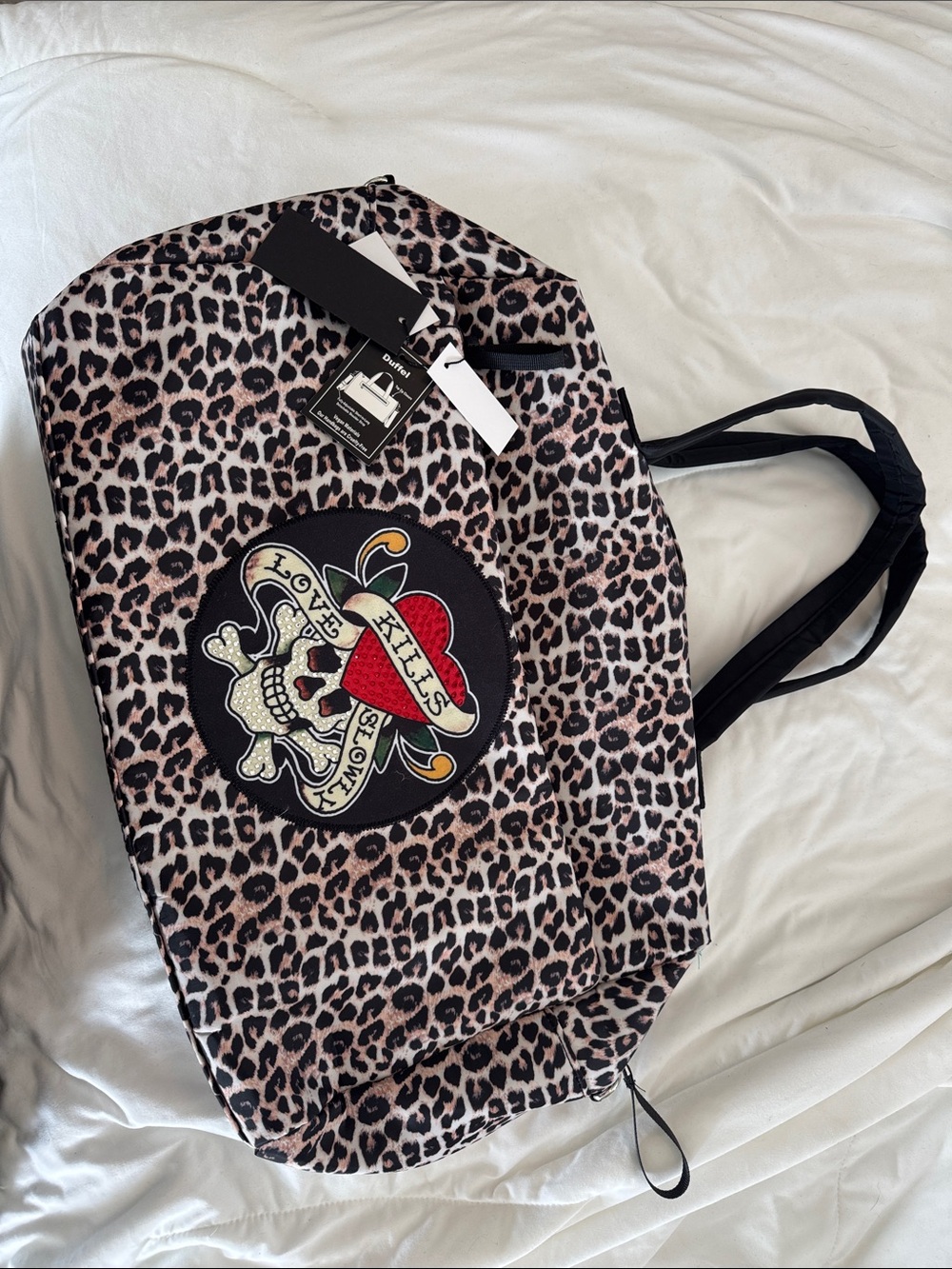 Ed Hardy Leopard Print Tote with Skull & Heart Patch - Pink/Black